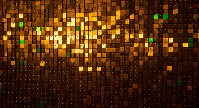 Golden mosaic wall with scattered green squares, creating a shimmering texture, symbolizing celebration, luxury, and festive occasions, perfect for event backdrops or design elements
