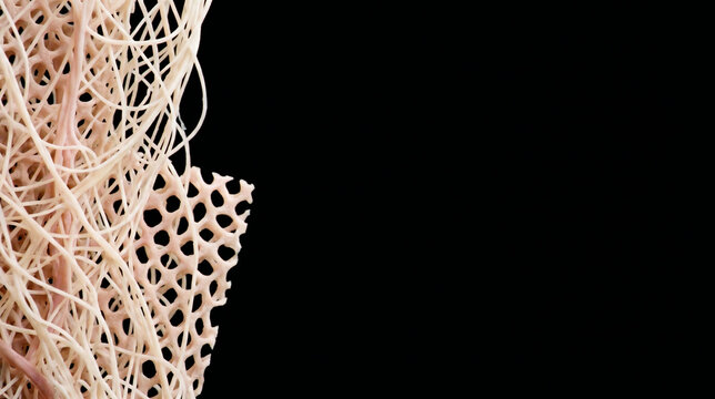 Lab grown collagen protein fibers and synthetic skin lattice structures in ivory and pink clustered on the far left of a black studio background with copy space