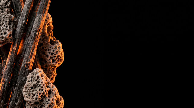 Mineralized carbon capturing fibers and porous calcium carbonate structures with orange highlights on the far left of a black studio background with copy space