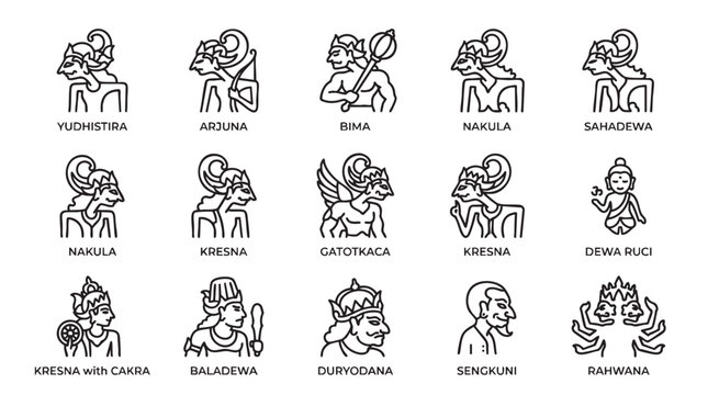 Collection of Indonesian Wayang Kulit Shadow Puppets Characters.
