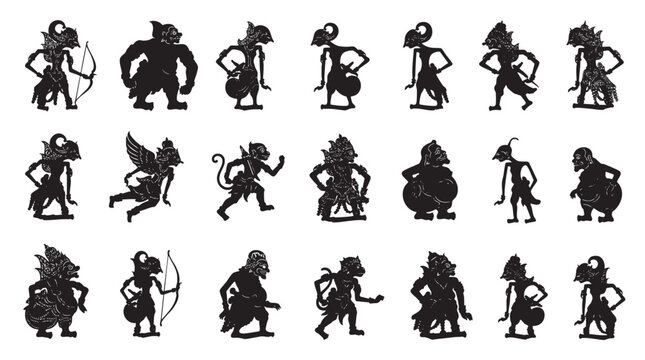 Collection of Diverse Shadow Puppets Displayed in Rows.