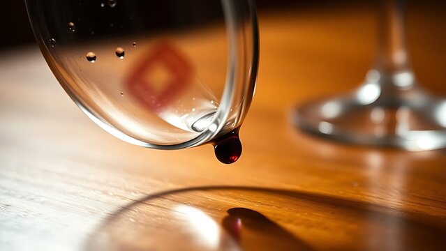 methanol. A tipped crystal wine glass on a wooden table, a dark red droplet about to fall. bar promotions, beverage menus, designed for product packaging and bar promotions, used by videographers.