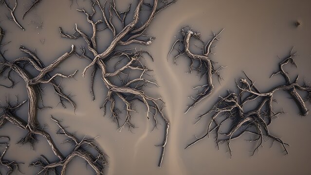 shortcoming. Aerial view of mangrove roots sprawling across a muddy tidal flat at low tide. ESG reports, sustainability campaigns, designed for sustainability communications and ESG reporting.