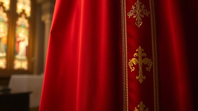 sacristy. A deep red silk vestment with gold embroidery in a quiet church room. event programs, museum guides, designed for cultural heritage projects and event programs, used by hr managers.