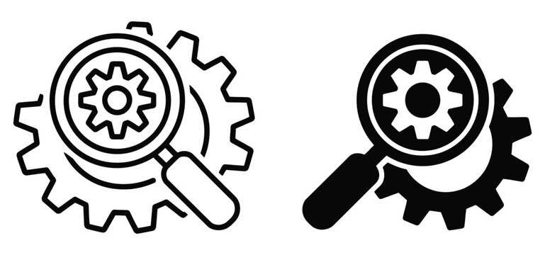 Magnifying glass gear icon symbolizing system diagnostics mechanical inspection analysis review settings configuration quality control engineering maintenance tools modern UI design vector