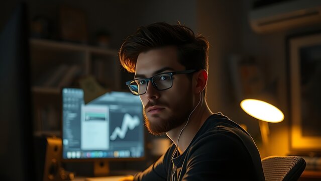 debugging. A dedicated programmer working late at night with warm lighting at the desk. product launch decks, UI/UX mockups, designed for product launches and innovation pitches.