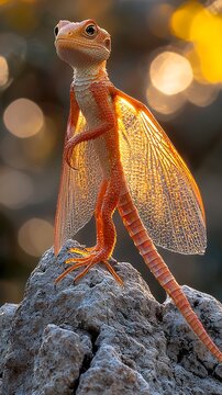 Orange Gliding Draco Lizard Perched on Rock with Wings with Bokeh Background.