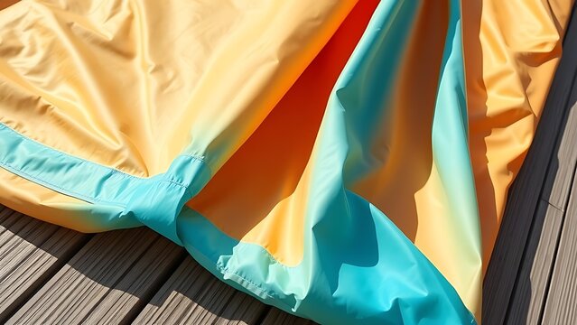 spinnaker. Folded nylon spinnaker sail on wooden deck, colorful textures. product launch decks, UI/UX mockups, designed for data visualization dashboards and holographic UIs.