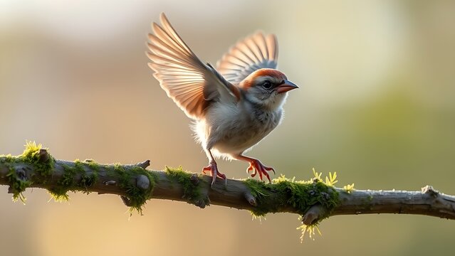 fledgling. A young sparrow attempting its first flight from a mossy branch, wings splayed. wildlife magazines, conservation campaigns, designed for wildlife conservation campaigns.