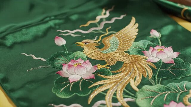 Intricate golden phoenix embroidered on rich green silk fabric with pink lotus flowers, detailed traditional textile art, auspicious symbol