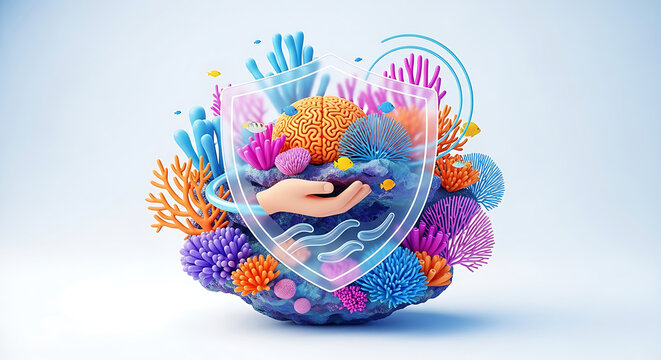 Hand protecting coral reef ecosystem with brain and fish inside protective shield, ocean conservation and marine life support, neuroscience concept.