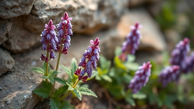 hyssop. Purple hyssop flowers growing from limestone cracks with morning dew. gardening catalogs, home-decor guides, designed for gardening and botanical catalogs.