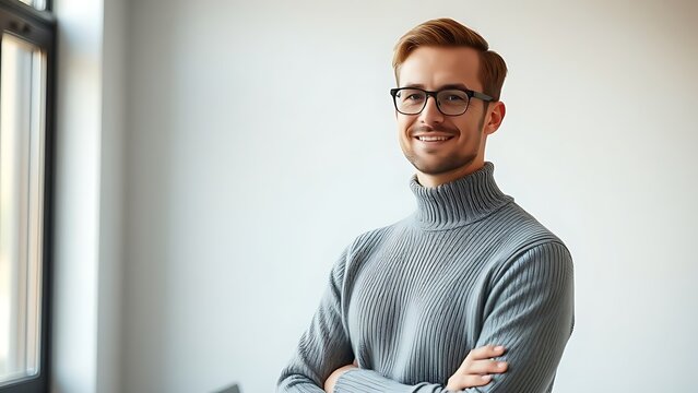 founder. Entrepreneur in a neutral sweater posing with soft window light and minimalist blurred office background. pitch deck slides.
