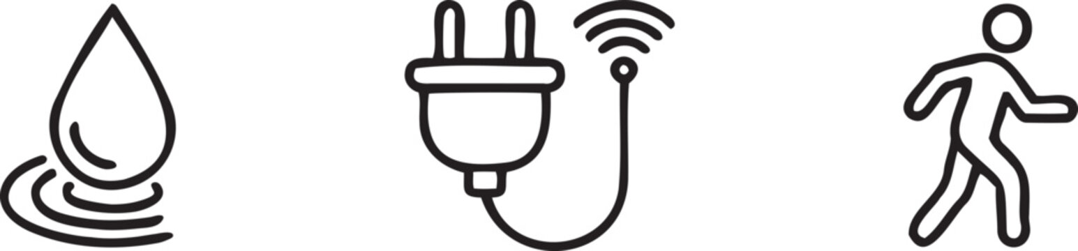 Black line icons of water drop, electric plug and running man
