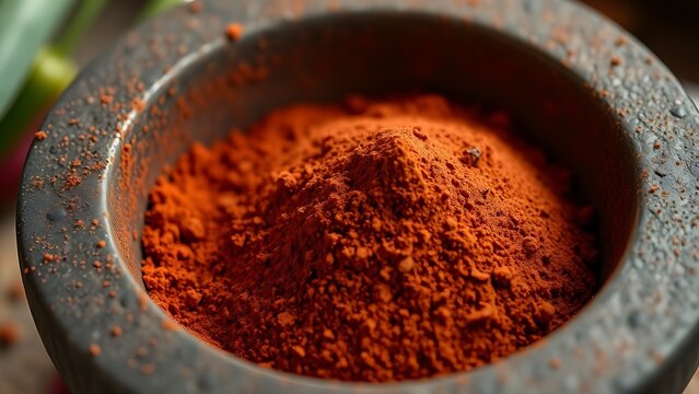 molcajete. Ground ancho chili powder in a traditional molcajete, rich dark red textured surface. menu design, packaging mockups, designed for culinary blogs and recipe cards for restaurants.