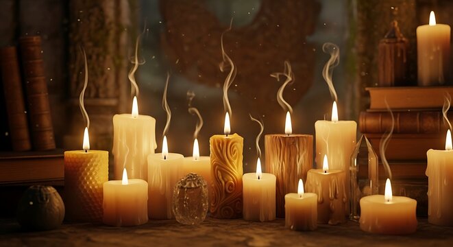 Group of glowing pillar candles with flickering flames and rising smoke plumes arranged on a rustic wooden table against a dark vintage library book background