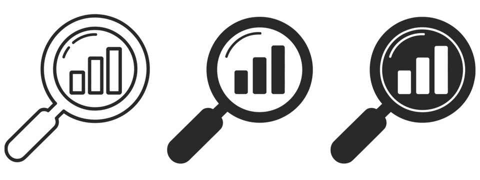 Magnifying glasses with bar charts icon representing data analysis research analytics business concept statistics performance evaluation reporting insights visualization vector