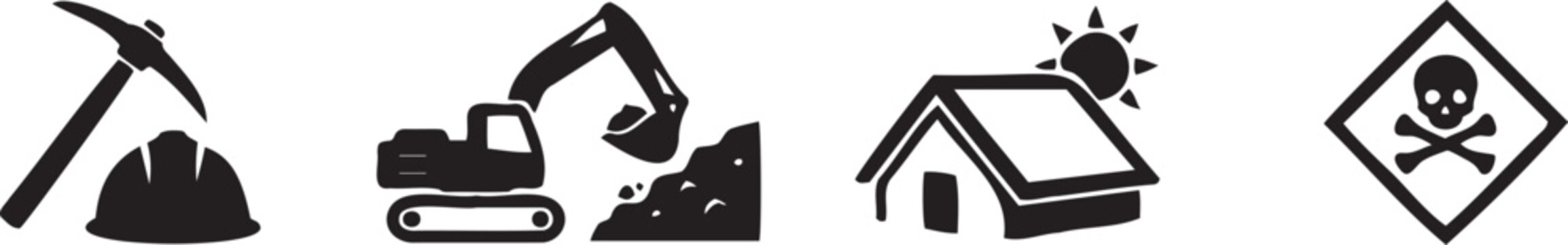 Black icons of mining, construction, house and toxic signs