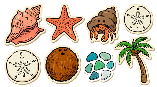 Tropical Beach Treasures and Sea Shell Stickers Vector Illustration