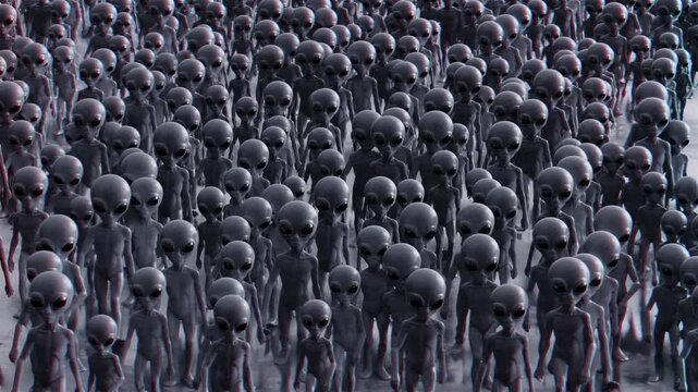 A hauntingly seamless loop 3d animation of a vast crowd of grey extraterrestrials with large black eyes walking purposefully across a cold, reflective metallic floor