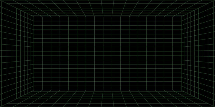 3d wireframe grid room. 3d perspective laser grid 16 9.. Cyberspace black background with green mesh. Futuristic digital hallway space in virtual reality. Vector illustration.