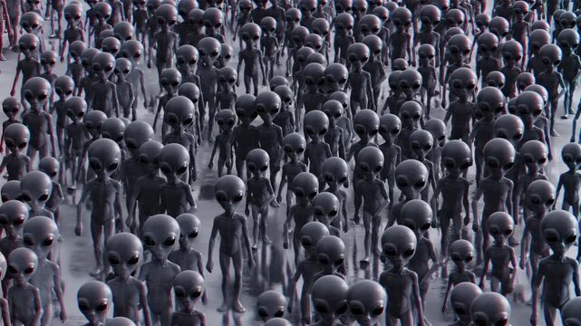 A hauntingly seamless loop 3d animation of a vast crowd of grey extraterrestrials with large black eyes walking purposefully across a cold, reflective metallic floor