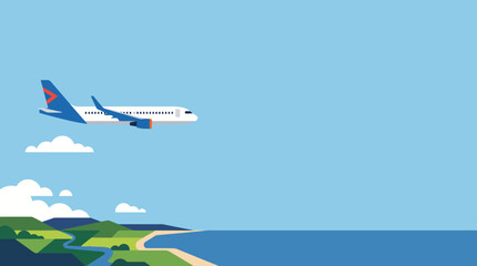 Naklejka premium Pixel art airplane flying over scenic coastal landscape