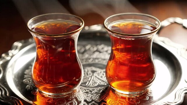 Two glasses of dark amber tea served in traditional tulip-shaped clear glasses on an ornate silver tray, warm inviting atmosphere, rich beverage