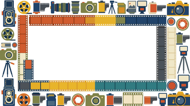 Vintage photography gear and film strip border around empty space