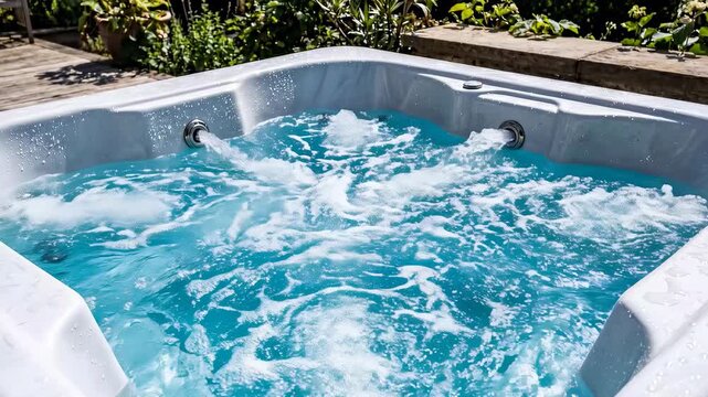 Relaxing outdoor hot tub with bubbling water and jets for leisure.