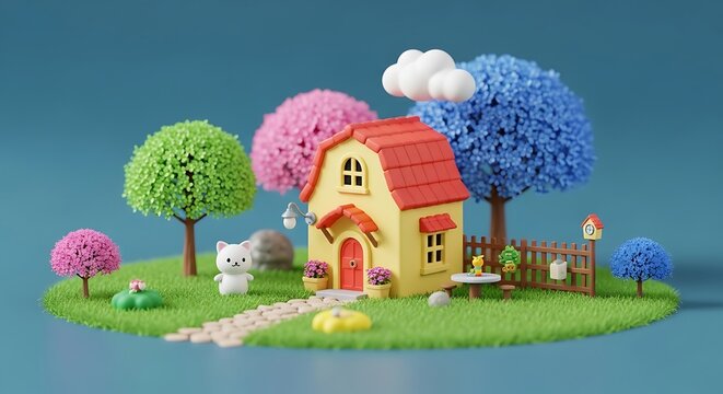 A miniature 3d rendered whimsical yellow cottage house with a red roof sits on a lush green grassy island surrounded by colorful trees under a soft blue sky