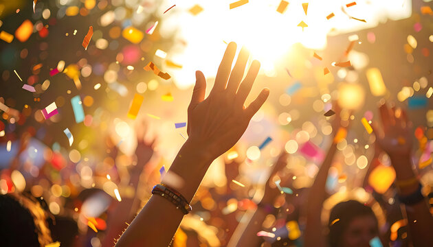 Crowd celebrating with hands up in the air, showering with colorful confetti during a sunny outdoor festival, joyful atmosphere