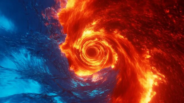 Fire Water Clash. Cinematic Depiction Of Fiery Vortex Merging With Blue Currents In High Detail