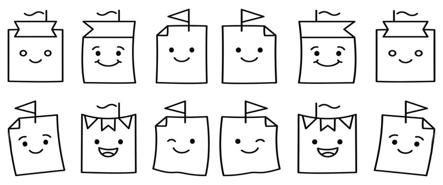 Set of cute cartoon paper note characters with funny faces and flag banners for business office reminders and colorful stationery supplies collection.