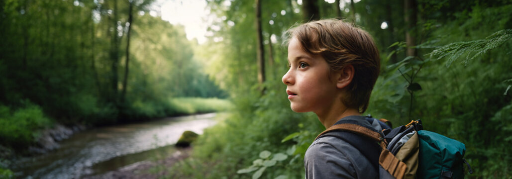 kid boy hikes through wilderness, carrying backpack, amidst forest, river, greenery; youth exploring, feeling amazed or unsettled, alone or lost.