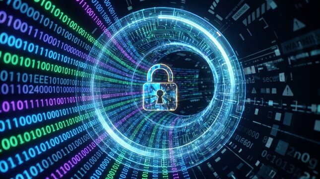 Secure digital data tunnel with glowing padlock icon and binary code stream for cyber security and encryption concept.