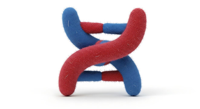 Abstract double helix dna model with soft fluffy texture rendering in blue and red colors against isolated white background for medical science concept.