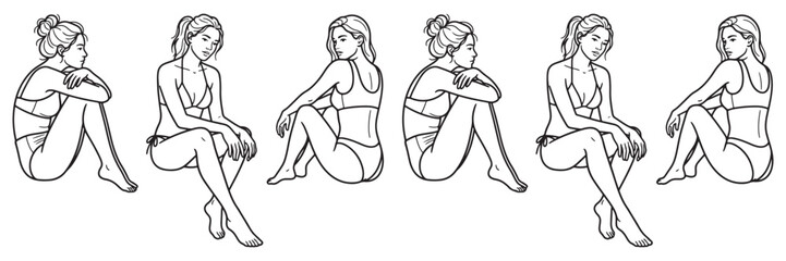 Obraz premium Woman in bikini posing in various seated positions, showcasing body language and style in a simple, elegant line drawing.