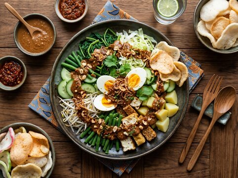 Fresh Indonesian Gado Gado Salad Peanut Sauce Colorful Vegetables Top View Flat Lay