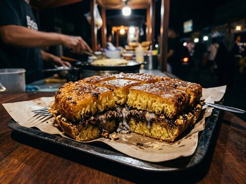 Traditional Indonesian Martabak Street Food Golden Crispy Chocolate Filling Dark Background