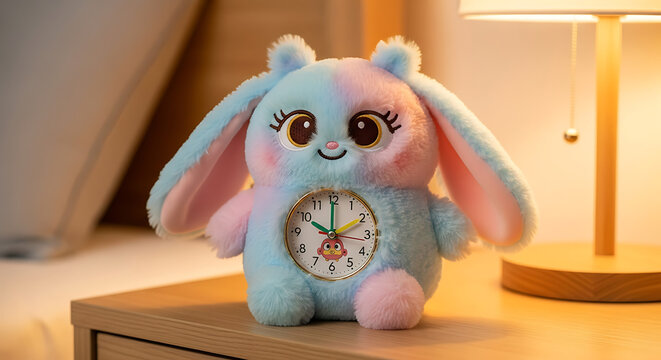 Cute fluffy blue and pink rabbit plush toy clock with cartoonish face standing on wooden table surface under warm bedside light in cozy bedroom setting.