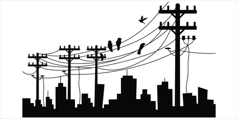 Naklejka premium Silhouettes of Utility Poles Birds and City Skyline vector illustration