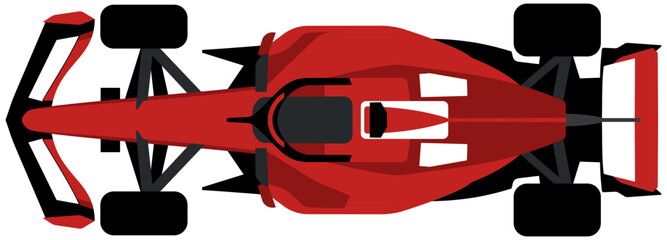 Fototapeta premium Overhead top-down view of a red Formula 1 race car, displaying chassis and body shape