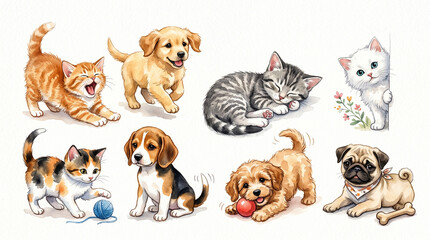 Naklejka premium Cats Dogs Commercial Watercolor Illustration Design