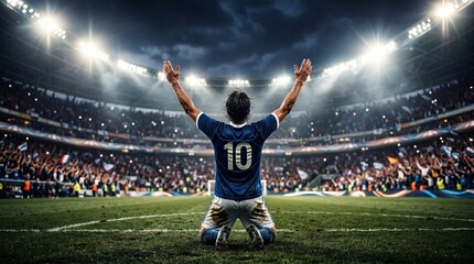 Naklejka premium Emotional soccer celebration stadium sports moment nighttime back view triumph and passion