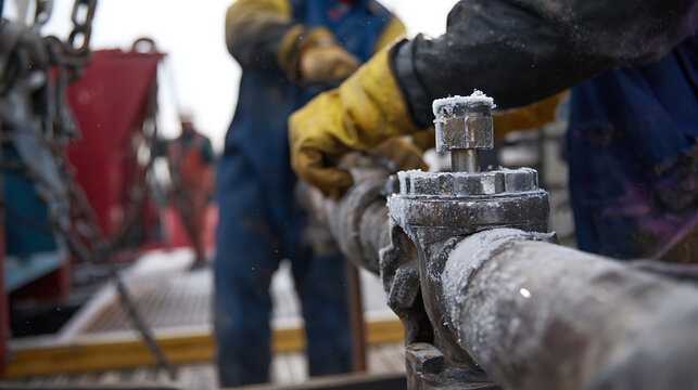 Industrial worker in protective gear operates heavy machinery, focusing on a robust metal pipe with frost, conveying hard work and cold conditions