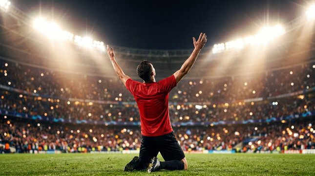 Celebration of victory emotional back view of soccer player in stadium nighttime action shot sport environment dramatic perspective