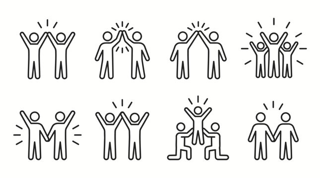 Collection of stick figures celebrating together with high five, stick figure