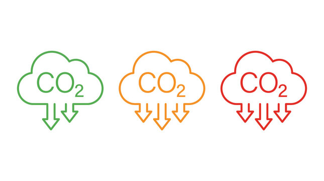 Co2 emissions concept: three cloud icons with arrows indicating reduction