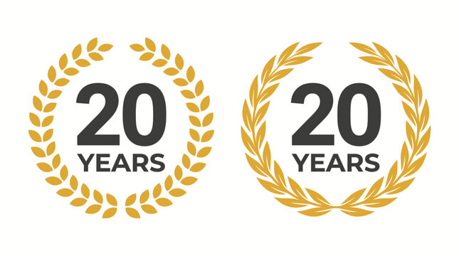 Twenty years celebration emblems with laurel wreaths anniversary celebration